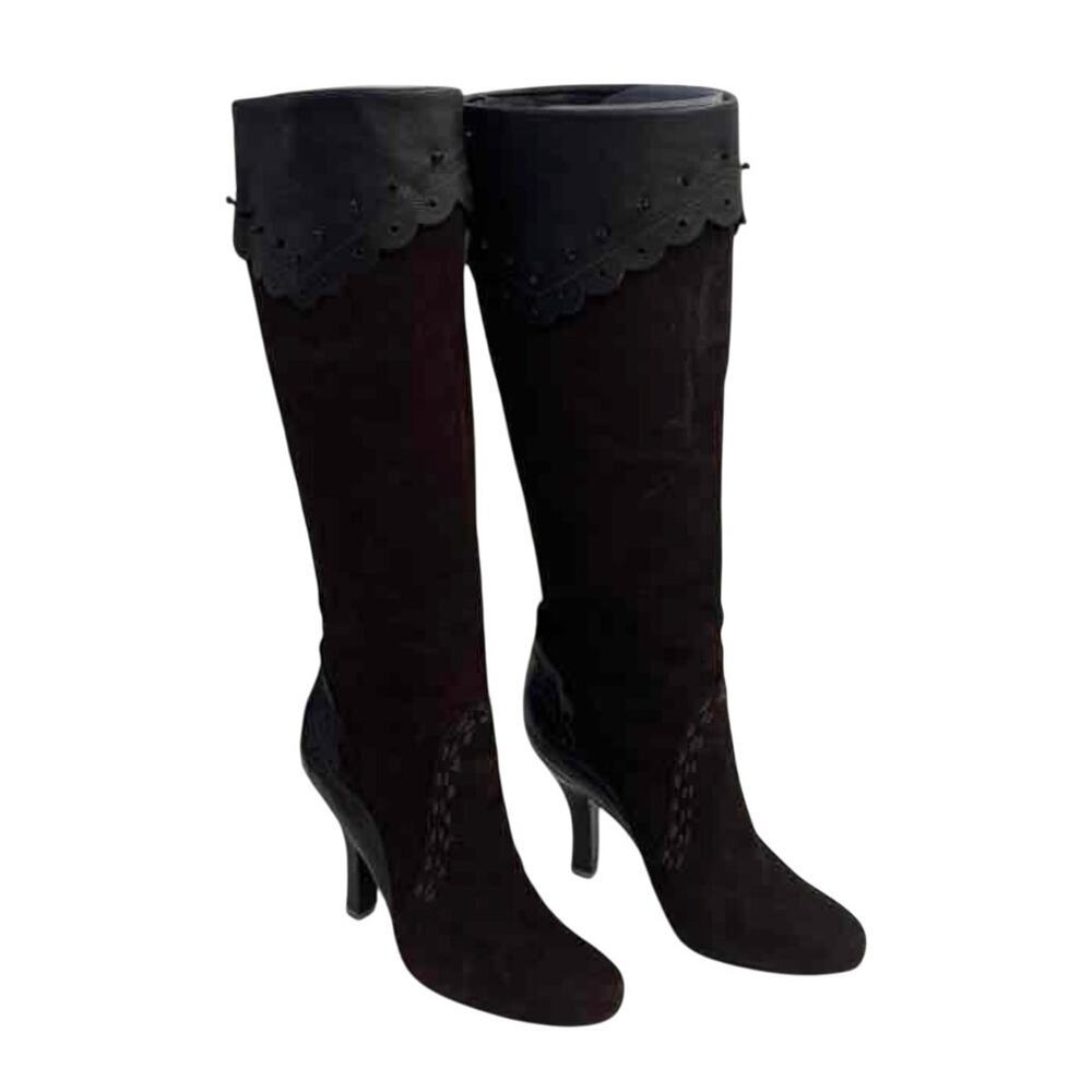 Vintage Brown Suede Scalloped Knee-High Y2k Boots 8.5
